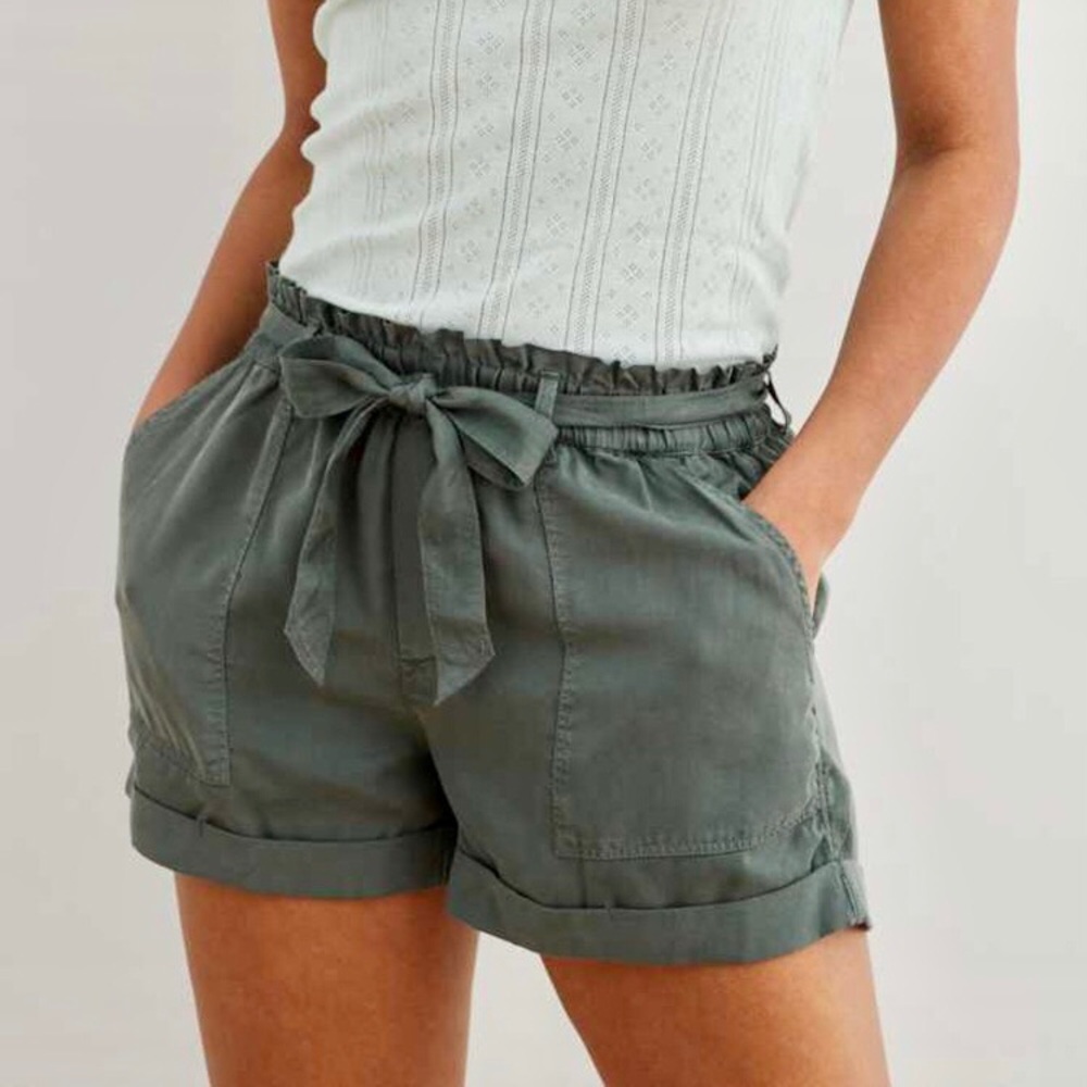 NWT Aerie Camp Shorts Green High Rise Paper-bag Tie Lightweight
